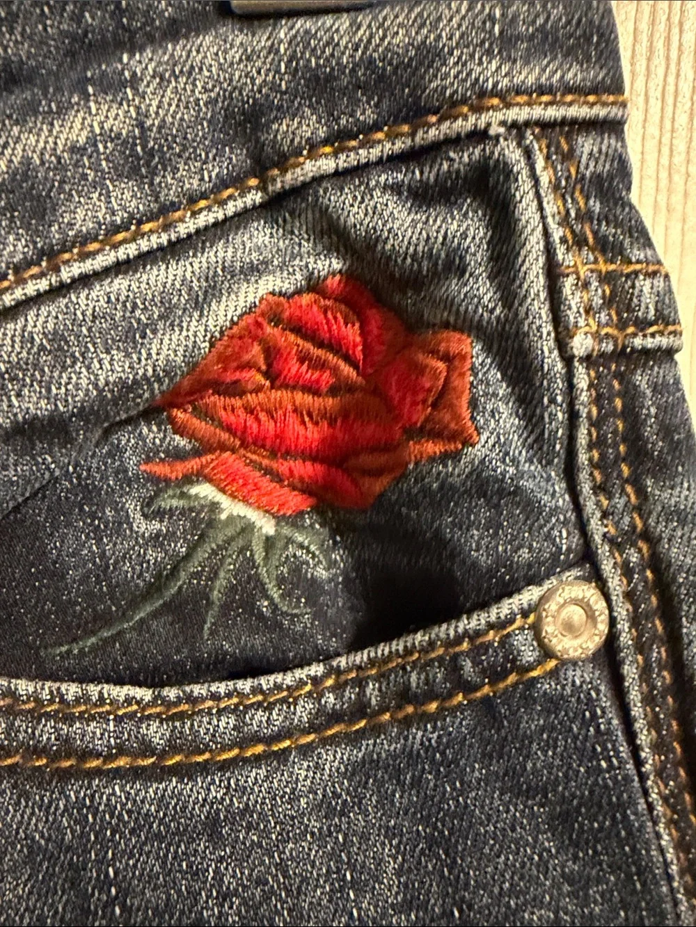 Vintage Embroidered Free People Dark Blue Denim Jeans with Red Rose Patch